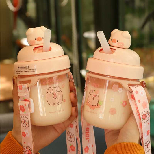 Cartoon water bottle with a straw - GIGI PIG